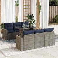7-delige Loungeset met kussens poly rattan acacia grijs