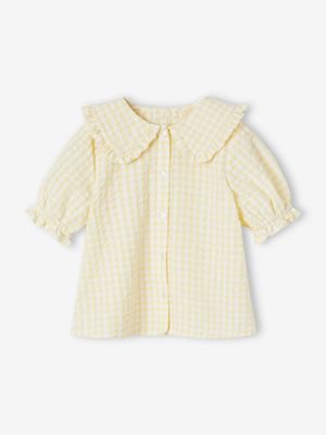 Geruite meisjesblouse met grote kraag met ruches lichtgeel