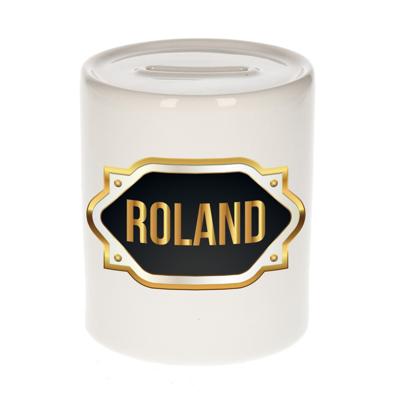 Spaarpot met voornaam Roland - wit - goud/zwart embleem - 8 x 9 cm - keramiek - afsluitdop
