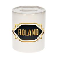 Spaarpot met voornaam Roland - wit - goud/zwart embleem - 8 x 9 cm - keramiek - afsluitdop