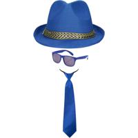 Carnaval verkleedset Men in blue - hoed/bril/stropdas - blauw - heren/dames - verkleedkleding - thumbnail