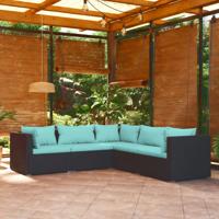 5-delige Loungeset met kussens poly rattan zwart
