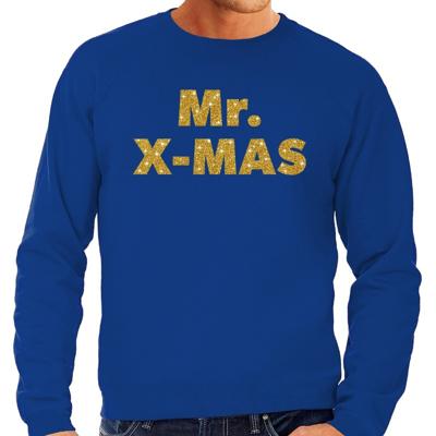 Foute Kersttrui sweater - Mr. X-mas - gouden glitter letters - blauw - voor heren