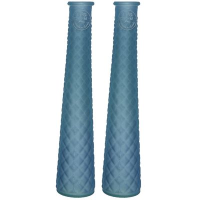 2x stuks vazen/bloemenvazen gerecycled glas - D7 x H32 cm - mat blauw