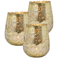 Set van 3x stuks glazen design windlicht/kaarsenhouder champagne goud 12 x 15 x 12 cm