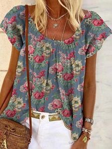 Floral Crew Neck Loosen Short Sleeve Top