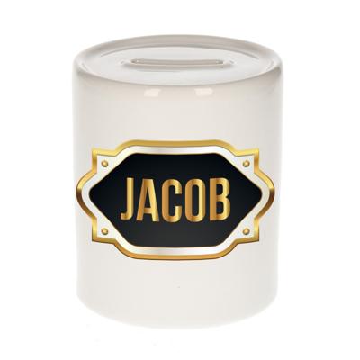 Spaarpot met voornaam Jacob - wit - goud/zwart embleem - 8 x 9 cm - keramiek - afsluitdop Spaarpot met voornaam Jacob - wit - goud/zwart embleem - 8 x 9 cm - keramiek - afsluitdop