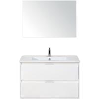 Porto Badmeubelset 90 cm - Wit Hoogglans - Keramische Wastafel Wit Slim met Spiegel