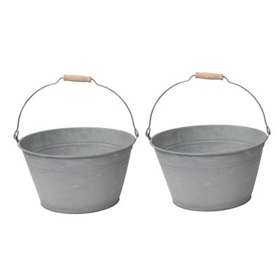 Emmer/plantenpot/bloempot - 2x - zink - grijs - D32 x H18 cm Emmer/plantenpot/bloempot - 2x - zink - grijs - D32 x H18 cm