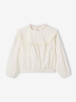 Meisjesblouse van twee materialen met Engels borduurwerk ecru