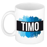Timo naam cadeau koffie mok - beker - met blauw verfstrepen - Cadeau collega - vaderdag