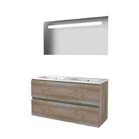 Basic-Line Economic 46 Badkamermeubelset - 120 x 46 cm - Greeploos - 2 Lades - Keramische Wastafel - 2 Kraangaten - Spiegel met LED Verlichting - Scotch Oak