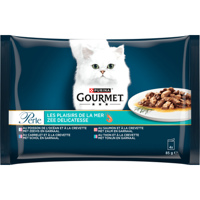 Gourmet Perle Zee Delicatesse, Met Zeevis En Garnaal, Met Zalm En Garnaal, Met Schol En Garnaal, Met Tonijn En Garnaal, 85g Pouch bij Jumbo