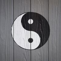 Karo-art Schilderij - Yin en Yang op hout (print op canvas) zwart, wit, grijs , 3 maten , Wanddecoratie