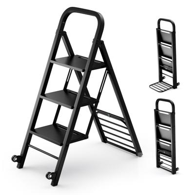 2 in 1 Opvouwbare Trap Ladder met 3 Brede Treden Trolley met Wielen Stevige Rollende Metalen Ladder en Trolley Zwart