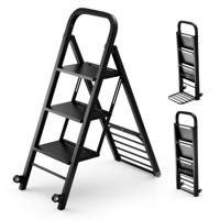 2 in 1 Opvouwbare Trap Ladder met 3 Brede Treden Trolley met Wielen Stevige Rollende Metalen Ladder en Trolley Zwart