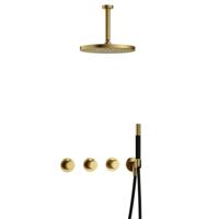 Hotbath Cobber - CB7067 - Inbouw Regendoucheset - Geborsteld Messing PVD - 2 Stopkranen - Thermostatisch - Plafondbuis 15 cm - Hoofddouche 300 mm - Staafhanddouche - met M106 - Waterbesparend
