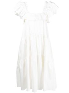 Kika Vargas robe Cicely mi-longue à volants superposés - Blanc