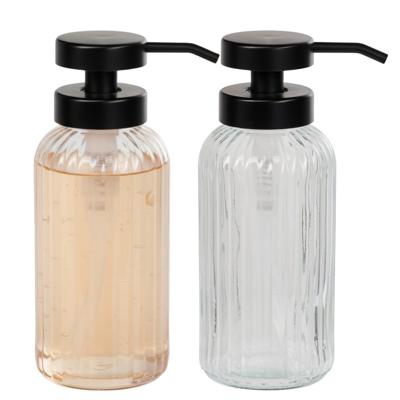 5Five Zeepdispenser - 2x - glas - transparant - D7,5 x 19 cm - 500 ml - zeeppompje - rib motief