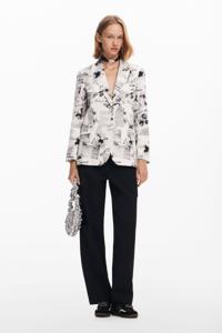 Rechte blazer met tekst en bloemen - WHITE - L