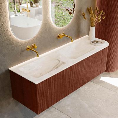 Badmeubel Mondiaz Kurve-Dlux | 145 cm cm | Meubelkleur Ruby | Wastafelkleur Frappe | Solid surface | Dubbel / Links spoelbak | Zonder kraangat(en)