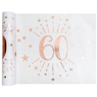 Tafelloper op rol - 60 jaar verjaardag - wit/rose goud - 30 x 500 cm - polyester