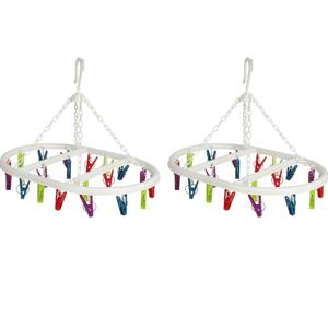 Wasgoed droogcarrousel/droogmolen - 2x - 20 clips/knijpers - multi kleuren - kunststof - 29 x 42 cm