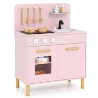 Speelkeuken voor Kinderen Vanaf 3 Jaar Houten Speelkeuken met Licht Geluid Fornuizen Gootsteen Oven en Keukenaccessoires Wit/Roze