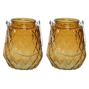 2x stuks theelichthouders/waxinelichthouders ruitjes glas cognac/oranje met metalen handvat 11x13 cm