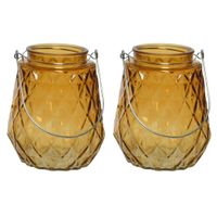 2x stuks theelichthouders/waxinelichthouders ruitjes glas cognac/oranje met metalen handvat 11x13 cm