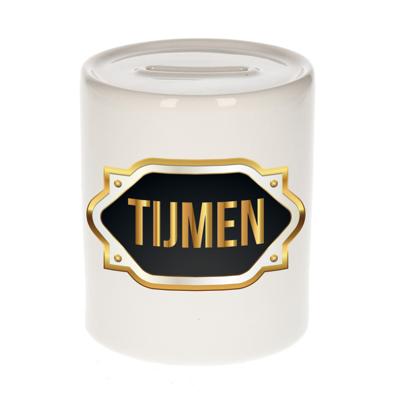 Spaarpot met voornaam Tijmen - wit - goud/zwart embleem - 8 x 9 cm - keramiek - afsluitdop