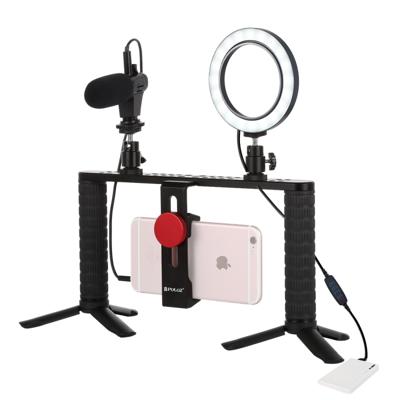 PULUZ 4 in 1 VLogging live-uitzending 4 6 inch ring LED Selfie licht smartphone video rig handvat stabilisator aluminium beugel kits met microfoon + s