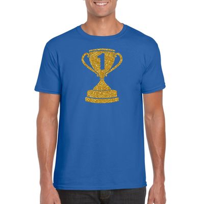 Gouden kampioens beker / nummer 1 t-shirt / kleding blauw heren Gouden kampioens beker / nummer 1 t-shirt / kleding blauw heren