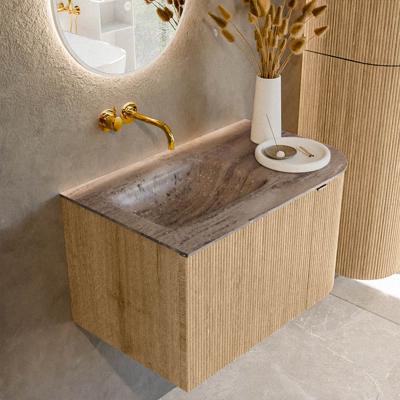 Badmeubel Mondiaz Kurve-Dlux | 75 cm | Meubelkleur Oak | Wastafelkleur Oza | Solid surface | Wasbak linker zijde spoelbak | Zonder kraangat(en)