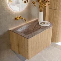 Badmeubel Mondiaz Kurve-Dlux | 75 cm | Meubelkleur Oak | Wastafelkleur Oza | Solid surface | Wasbak linker zijde spoelbak | Zonder kraangat(en)