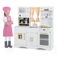 Kinderkeuken met Kookaccessoires Speelkeuken Hout met Magnetron Koffiezetapparaat Ijsmachine Gootsteen en Oven Speelgoedkeuken (Wit)