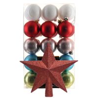 Kerstballen 30x st - gekleurd - 6 cm - met ster piek rood - kunststof - thumbnail