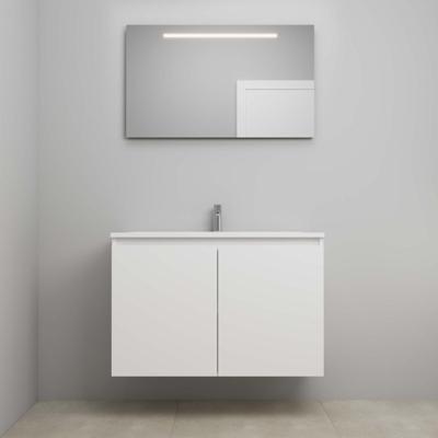 On-Line Badkamermeubelset - 100 cm - Bouwpakket - Greeploos 2 Deuren - Acryl Wastafel - 1 Kraangat - Spiegel met LED-Verlichting - Mat Wit