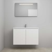 On-Line Badkamermeubelset - 100 cm - Bouwpakket - Greeploos 2 Deuren - Acryl Wastafel - 1 Kraangat - Spiegel met LED-Verlichting - Mat Wit