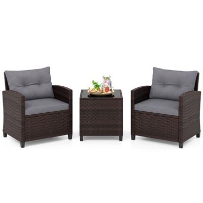 3-Delige Tuinset Rotan Bistroset met 2 Stoelen en 1 Tafel met Gehard Glazen Blad en Kussens Loungeset voor Balkon Tuin Grijs