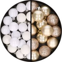 34x stuks kunststof kerstballen wit en champagne 3 cm - Kerstbal - thumbnail