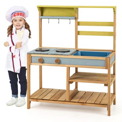Buiten Modderkeuken voor Kinderen Hout met Waterfunctie Speelkeuken voor Kinderen met Haak en Afneembaar Rek Tuinkeuken