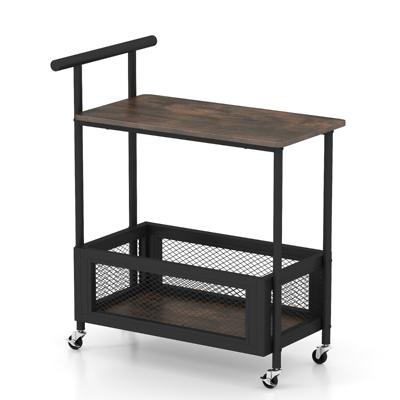 Mobiele Bijzettafel met Wieltjes en Handvat 2-traps Serveerwagen met Open Opbergvak en Draadmand Veelzijdige Rolwagen