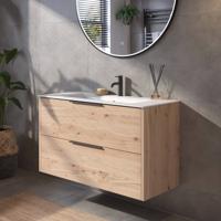 Saqu Lima voorgemonteerd badmeubel met mat zwarte greep incl. keramische wastafel 101x46cm naturel eiken