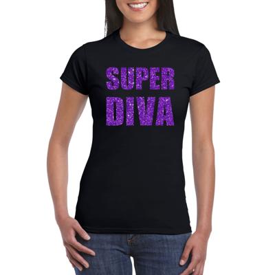 Super Diva feest t-shirt - zwart - met paarse glitter letters - dames - glamour party kleding Super Diva feest t-shirt - zwart - met paarse glitter letters - dames - glamour party kleding