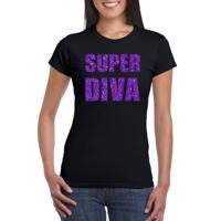 Super Diva feest t-shirt - zwart - met paarse glitter letters - dames - glamour party kleding