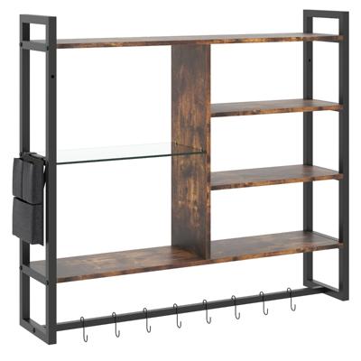 Zwevende Planken 107 cm Wandrek met 6 Planken en 8 S-haken Zijvak & Marmerlook Oppervlak Koffiebarrek