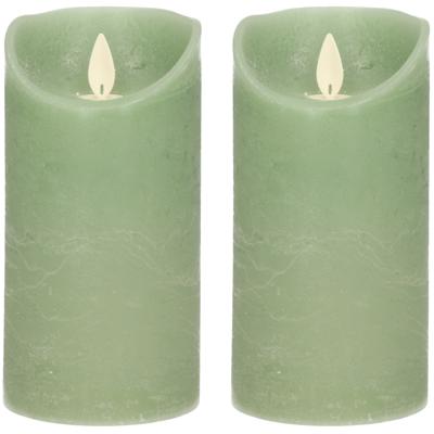 Led kaars/stompkaars - 2x - jade groen - H15 x D7,5 cm - wax - warm wit licht - bewegende vlam