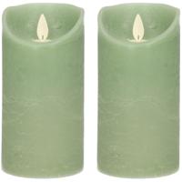 Led kaars/stompkaars - 2x - jade groen - H15 x D7,5 cm - wax - warm wit licht - bewegende vlam