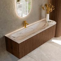 Badmeubel Mondiaz Kurve-Dlux | 145 cm | Meubelkleur Walnut | Wastafelkleur Nata | Solid surface | Wasbak linker zijde spoelbak | 1 kraangat Badmeubel Mondiaz Kurve-Dlux | 145 cm | Meubelkleur Walnut | Wastafelkleur Nata | Solid surface | Wasbak linker zijde spoelbak | 1 kraangat